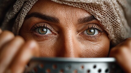 Close-up of a woman's eyes viewed through a steel sieve under a full moon