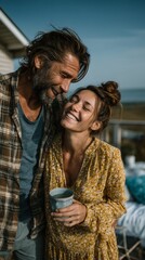 A man and woman share a tender moment as he hands her a glass of water