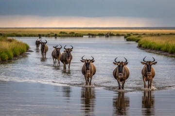 Obraz premium Herd of Wildebeests Crossing a Serene River at Sunset