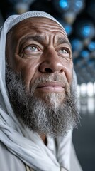 Portrait of an elderly Muslim man in traditional dress reciting quietly inside a mosque