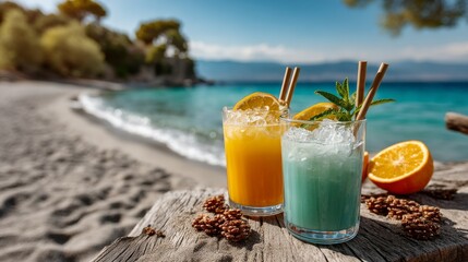 Two colorful cocktails with ice and citrus garnish on white sand beach