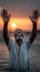 A devotee standing in water with hands raised to the sky at sunrise