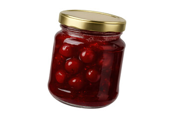 Delicious cherry jam in glass jar with whole fruits, isolated on transparent background.