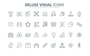 Office presentation, team building and support in corporate company, network communication thin black and red outline symbols, vector illustration. Business cooperation and partnership line icons set.