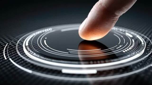A close-up of a finger touching a sleek, futuristic interface with digital patterns.