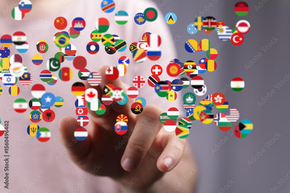 Poster A hand interacts with floating flags representing global connectivity and international relations.