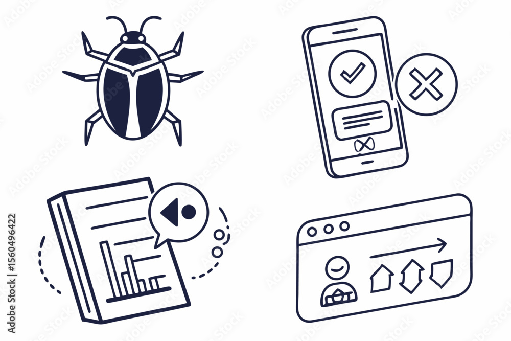 Poster app development icons wireframe style with bug symbol set of sixteen