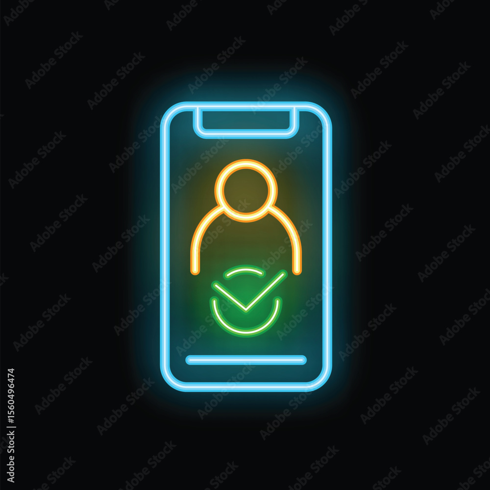 Poster neon sign illuminating a smartphone displaying user profile with a check mark for verification, symb
