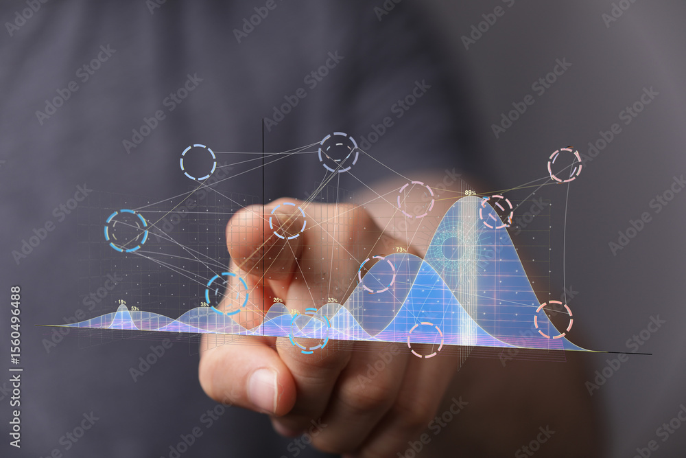 Poster person interacting with a holographic graph, showcasing data analysis and visualization.