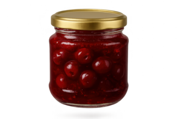 Delicious homemade cherry jam in a glass jar isolated on transparent background