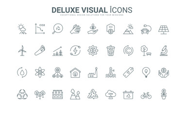 Zero carbon technology, smart house, electric car thin black and red symbols, vector illustration. Development of green energy production, reduction of CO2 emissions into environment line icons set.