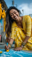 A woman joyfully creating traditional rangoli in vibrant attire near a shrine