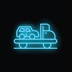 Obraz premium Blue neon icon of a tow truck carrying a car on a dark background