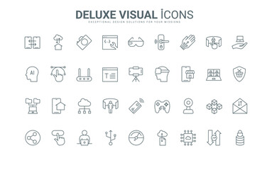 Metaverse experience and virtual reality simulation thin black and red outline symbols, vector illustration. AI future technology for business and entertainment, social media and games line icons set