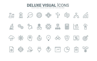 Outline symbols of chemistry and laboratory research with microscope, automatic digital analysis of innovation models, creative idea. Data science thin black and red line icons set vector illustration