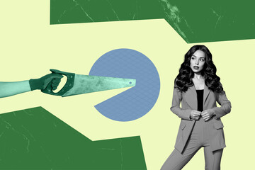 Banner image poster photo collage of hand hold sharp hacksaw tool repair concept cut sphere circle...
