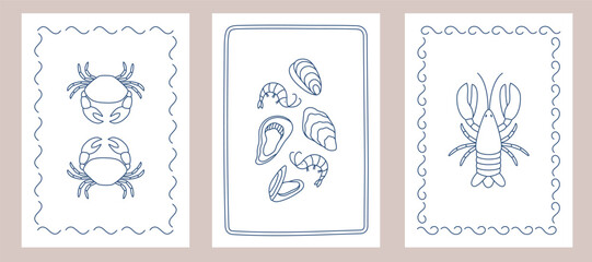 PrintSet of posters with hand drawn outline lobster, crab, oysters and shrimps. Templates for invitation, menu design, wall art print decor. Vector illustration