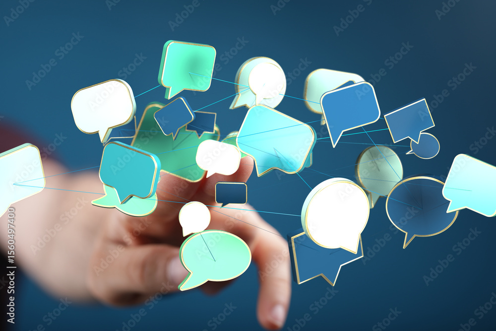 Poster Abstract image of interconnected speech bubbles, representing global communication and networking.