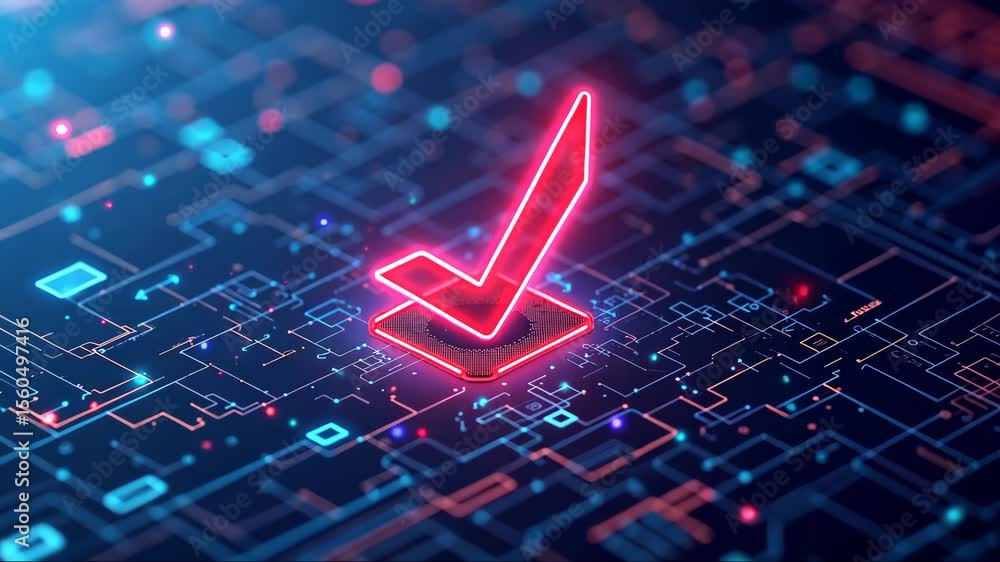 Poster red check mark is on a blue and red background. the check mark is surrounded by a grid of blue and r