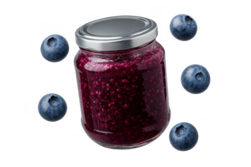 Delicious raspberry jam jar with fresh blueberries isolated on transparent background.