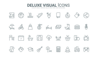 Everyday routine at home and work task in office, music and walk with dog, lifestyle collection of thin black and red outline symbols, car travel vector illustration. Daily life planner line icons set