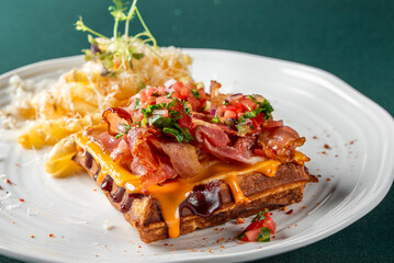 Close-up of a savory waffle topped with melted cheddar, crispy bacon, fresh salsa, served with...