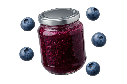 Delicious raspberry jam jar with fresh blueberries isolated on transparent background.
