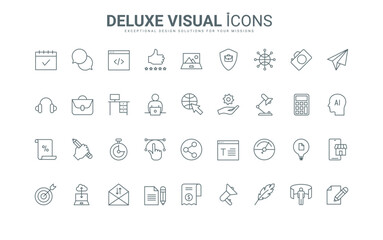 Person with computer at workplace, laptop and online company, internet speed and connection thin black and red outline symbols, vector illustration. Remote work in home office line icons set