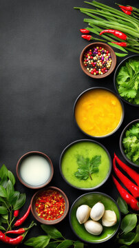 A colorful array of various spices, herbs, and sauces are beautifully arranged on a textured black surface, showcasing fresh ingredients for culinary creations.