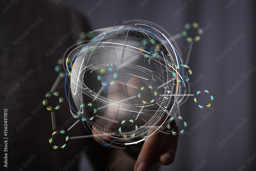 Aufkleber person interacting with a holographic globe, showcasing global network and futuristic technology.