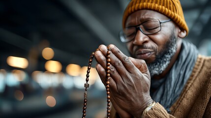 Close-up of a man’s hand holding prayer beads in a respectful moment of dhikr