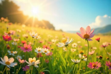 Obraz premium Sun-Drenched Wildflowers Gently Swaying in a Breeze A Serene Field Evoking Joy and Contentment