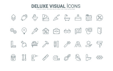 Outline maintenance service collection with modern hand equipment of handyman and contractor, electrician and repairman. Home repair tools thin black and red line icons set vector illustration