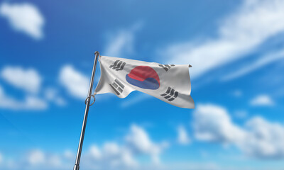 South korean flag waving blue sky cloudy white background wallpaper topview national country south...