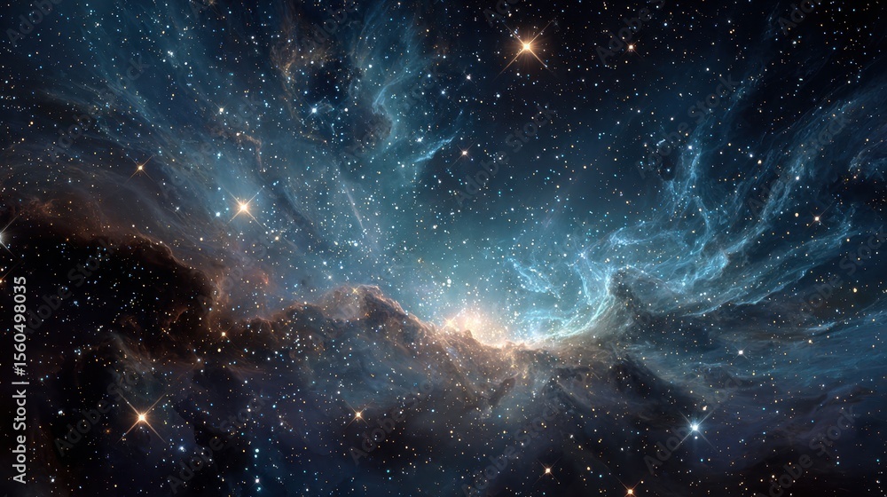 Poster Glimpse of the Milky Way and starry night sky with nebulous clouds in a beautiful atmospheric display of outer space