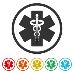Medical caduceus icon. Set icons in color circle buttons