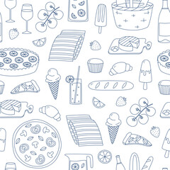 Hand drawn outline mediterranean food seamless pattern. Doodle drawing for print, menu design, poster, banner. Vector illustration
