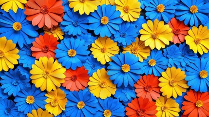 Vibrant Paper Flowers: Blue, Yellow & Orange Floral Display