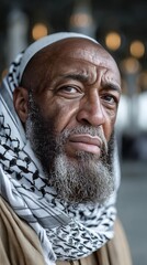 Elderly Muslim man in traditional dress quietly reciting inside a mosque