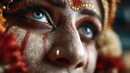 Close-up of a Durga idol with expressive eyes and ornate crown illuminated warmly