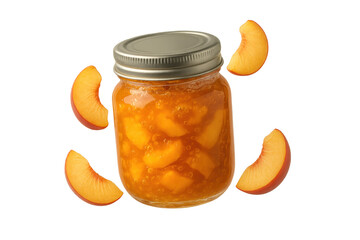 Sweet peach jam in jar with fresh slices, isolated on transparent background.