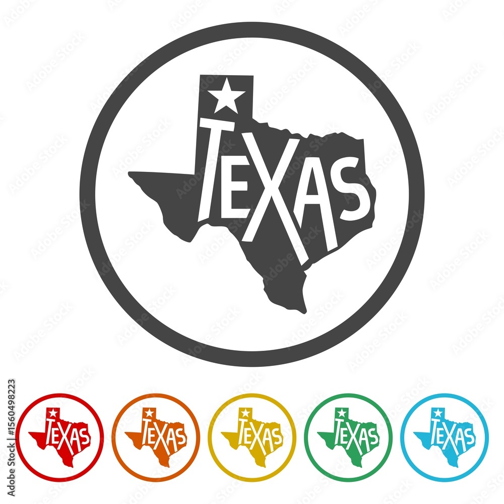 Poster texas map icon. set icons in color circle buttons