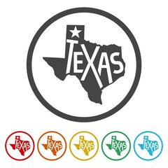 Texas map icon. Set icons in color circle buttons