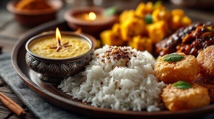 Close-up view of a beautifully arranged puja thali with diya rice sweets