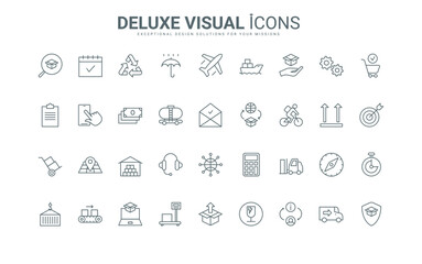 Outline box storage of orders in warehouse, cargo truck, airplane and ship, customer support. Logistics service, delivery and distribution process thin black and red line icons set vector illustration