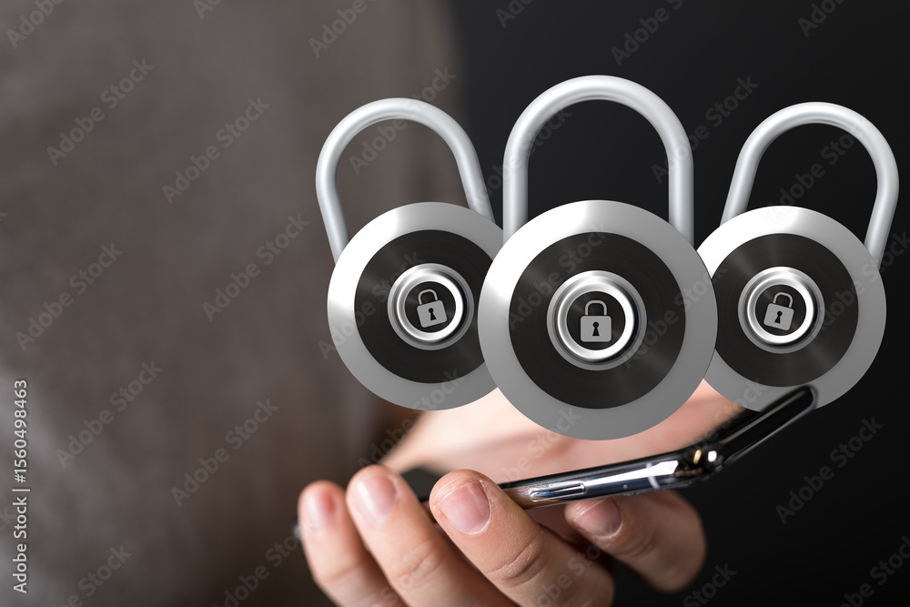 Poster Image of three digital padlocks hovering over a smartphone, symbolizing mobile security and data protection.