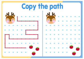 Activities for children. Copy the path. Logical games for children. Vector illustration. Square format of the book funny animals	