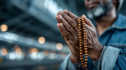 Close-up of a man's hand holding prayer beads in a moment of silent dhikr