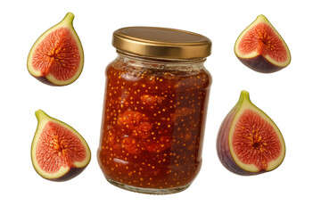 Sweet fig jam in jar with fresh fig halves, isolated on transparent background.