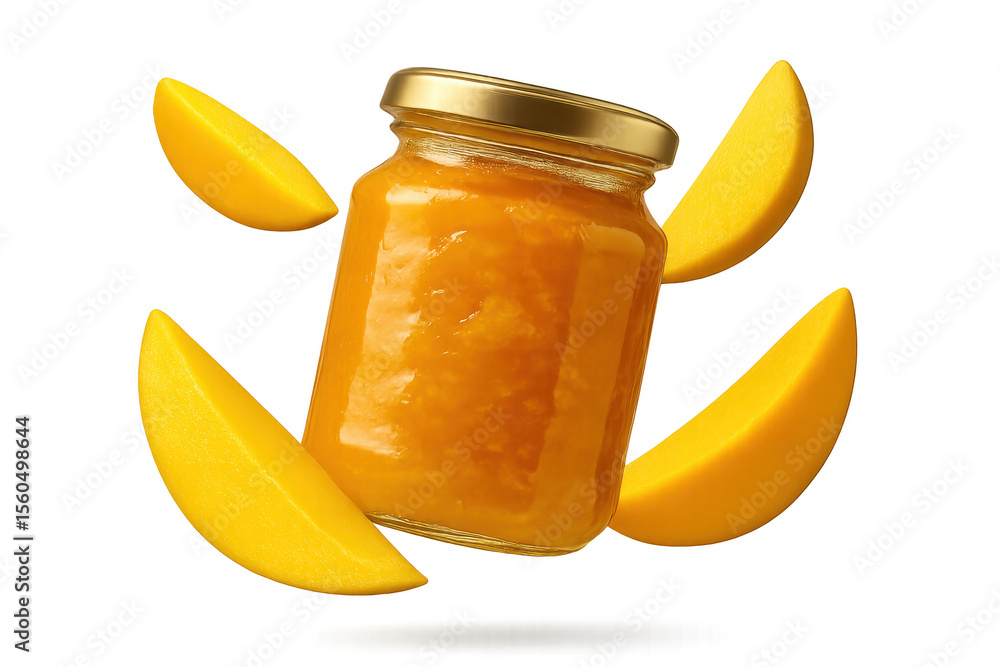 Poster mango fruit slices and jam in jar isolated on transparent background